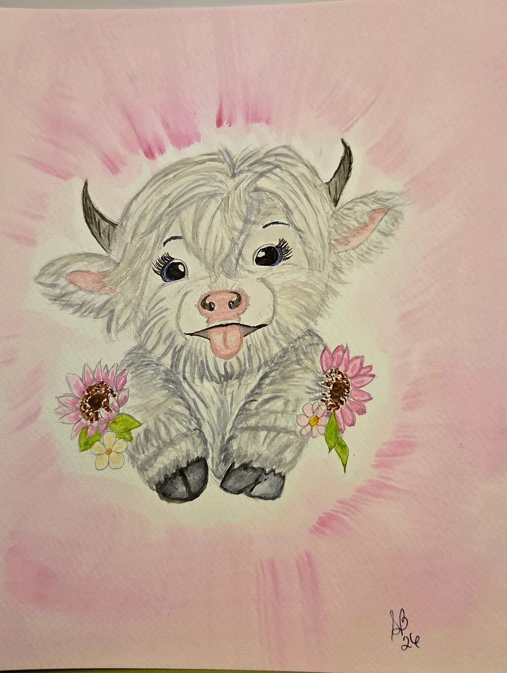 Whimsical Pink Highland Calf Watercolor Art Print